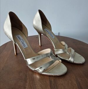 Jimmy Choo Brushed Gold Contrast With Patent Leather Heeled Sandals